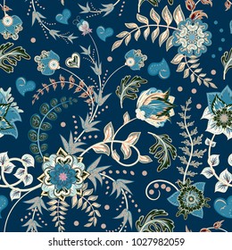 Seamless floral background. Tracery handmade nature ethnic fabric backdrop pattern with flowers. Blue white green textile design texture. Decorative color art. Vector