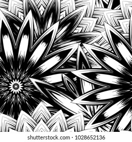 Seamless floral background. Tracery handmade nature ethnic fabric backdrop pattern with saturated dark flowers. Textile design texture. Decorative binary monochrome black and white art. Vector