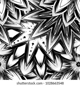 Seamless floral background. Tracery handmade nature ethnic fabric backdrop pattern with saturated dark flowers. Textile design texture. Decorative binary monochrome black and white art. Vector