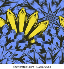Seamless floral background. Tracery handmade nature ethnic fabric backdrop pattern with flowers. Textile design texture. Decorative color art. Vector