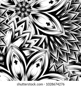 Seamless floral background. Tracery handmade nature ethnic fabric backdrop pattern with saturated dark flowers. Textile design texture. Decorative binary monochrome black and white art. Vector