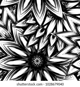 Seamless floral background. Tracery handmade nature ethnic fabric backdrop pattern with saturated dark flowers. Textile design texture. Decorative binary monochrome black and white art. Vector