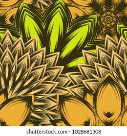 Seamless floral background. Tracery handmade nature ethnic fabric backdrop pattern with flowers. Textile design texture. Decorative color art. Vector
