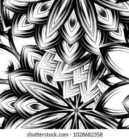 Seamless floral background. Tracery handmade nature ethnic fabric backdrop pattern with saturated dark flowers. Textile design texture. Decorative binary monochrome black and white art. Vector
