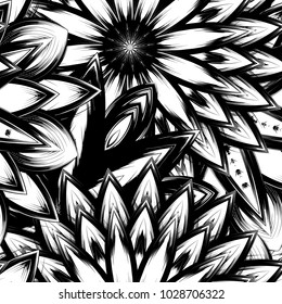 Seamless floral background. Tracery handmade nature ethnic fabric backdrop pattern with saturated dark flowers. Textile design texture. Decorative binary monochrome black and white art. Vector