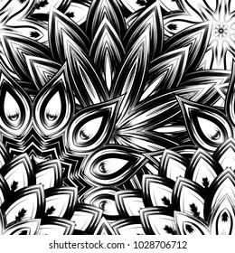 Seamless floral background. Tracery handmade nature ethnic fabric backdrop pattern with saturated dark flowers. Textile design texture. Decorative binary monochrome black and white art. Vector