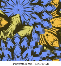 Seamless floral background. Tracery handmade nature ethnic fabric backdrop pattern with flowers. Textile design texture. Decorative color art. Vector