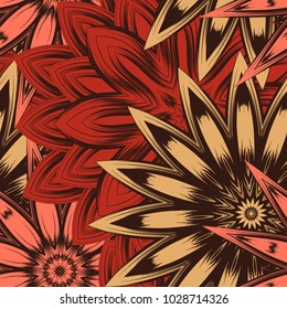 Seamless floral background. Tracery handmade nature ethnic fabric backdrop pattern with flowers. Textile design texture. Decorative color art. Vector