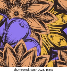 Seamless floral background. Tracery handmade nature ethnic fabric backdrop pattern with flowers. Textile design texture. Decorative color art. Vector