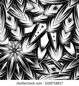 Seamless floral background. Tracery handmade nature ethnic fabric backdrop pattern with saturated dark flowers. Textile design texture. Decorative binary monochrome black and white art. Vector
