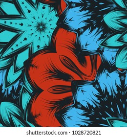 Seamless floral background. Tracery handmade nature ethnic fabric backdrop pattern with flowers. Textile design texture. Decorative color art. Vector