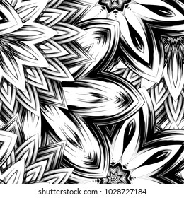 Seamless floral background. Tracery handmade nature ethnic fabric backdrop pattern with saturated dark flowers. Textile design texture. Decorative binary monochrome black and white art. Vector