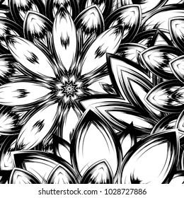 Seamless floral background. Tracery handmade nature ethnic fabric backdrop pattern with saturated dark flowers. Textile design texture. Decorative binary monochrome black and white art. Vector
