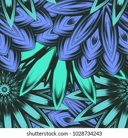 Seamless floral background. Tracery handmade nature ethnic fabric backdrop pattern with flowers. Textile design texture. Decorative color art. Vector