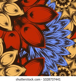 Seamless floral background. Tracery handmade nature ethnic fabric backdrop pattern with flowers. Textile design texture. Decorative color art. Vector