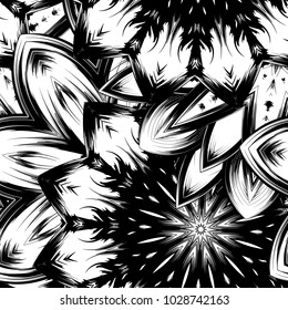 Seamless floral background. Tracery handmade nature ethnic fabric backdrop pattern with saturated dark flowers. Textile design texture. Decorative binary monochrome black and white art. Vector