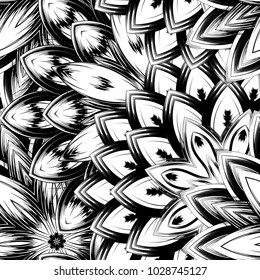 Seamless floral background. Tracery handmade nature ethnic fabric backdrop pattern with saturated dark flowers. Textile design texture. Decorative binary monochrome black and white art. Vector