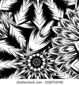 Seamless floral background. Tracery handmade nature ethnic fabric backdrop pattern with saturated dark flowers. Textile design texture. Decorative binary monochrome black and white art. Vector