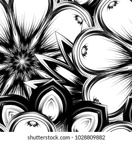 Seamless floral background. Tracery handmade nature ethnic fabric backdrop pattern with saturated dark flowers. Textile design texture. Decorative binary monochrome black and white art. Vector
