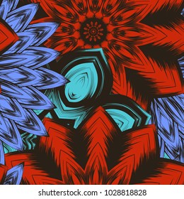 Seamless floral background. Tracery handmade nature ethnic fabric backdrop pattern with flowers. Textile design texture. Decorative color art. Vector