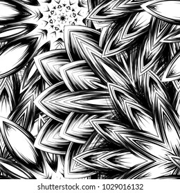 Seamless floral background. Tracery handmade nature ethnic fabric backdrop pattern with saturated dark flowers. Textile design texture. Decorative binary monochrome black and white art. Vector