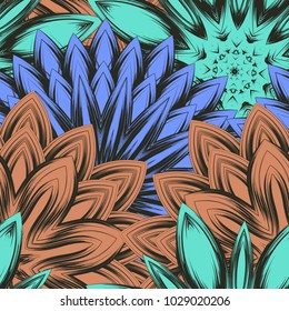 Seamless floral background. Tracery handmade nature ethnic fabric backdrop pattern with flowers. Textile design texture. Decorative color art. Vector