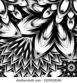 Seamless floral background. Tracery handmade nature ethnic fabric backdrop pattern with saturated dark flowers. Textile design texture. Decorative binary monochrome black and white art. Vector