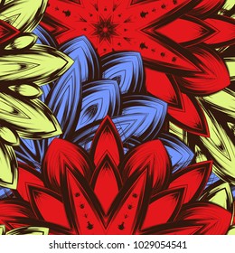 Seamless floral background. Tracery handmade nature ethnic fabric backdrop pattern with flowers. Textile design texture. Decorative color art. Vector