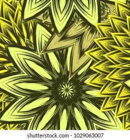 Seamless floral background. Tracery handmade nature ethnic fabric backdrop pattern with flowers. Textile design texture. Decorative color art. Vector