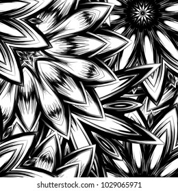 Seamless floral background. Tracery handmade nature ethnic fabric backdrop pattern with saturated dark flowers. Textile design texture. Decorative binary monochrome black and white art. Vector