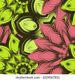 Seamless floral background. Tracery handmade nature ethnic fabric backdrop pattern with flowers. Textile design texture. Decorative color art. Vector
