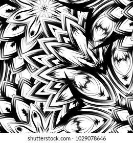 Seamless floral background. Tracery handmade nature ethnic fabric backdrop pattern with saturated dark flowers. Textile design texture. Decorative binary monochrome black and white art. Vector