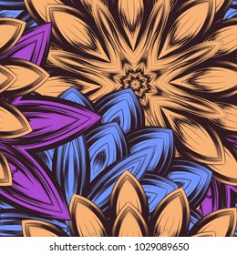 Seamless floral background. Tracery handmade nature ethnic fabric backdrop pattern with flowers. Textile design texture. Decorative color art. Vector