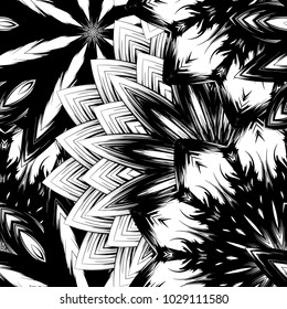 Seamless floral background. Tracery handmade nature ethnic fabric backdrop pattern with saturated dark flowers. Textile design texture. Decorative binary monochrome black and white art. Vector