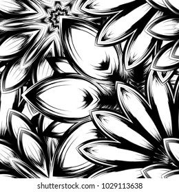 Seamless floral background. Tracery handmade nature ethnic fabric backdrop pattern with saturated dark flowers. Textile design texture. Decorative binary monochrome black and white art. Vector