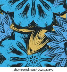 Seamless floral background. Tracery handmade nature ethnic fabric backdrop pattern with flowers. Textile design texture. Decorative color art. Vector