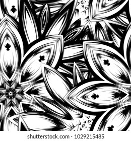 Seamless floral background. Tracery handmade nature ethnic fabric backdrop pattern with saturated dark flowers. Textile design texture. Decorative binary monochrome black and white art. Vector