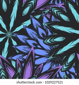 Seamless floral background. Tracery handmade nature ethnic fabric backdrop pattern with flowers. Textile design texture. Decorative color art. Vector