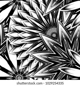 Seamless floral background. Tracery handmade nature ethnic fabric backdrop pattern with saturated dark flowers. Textile design texture. Decorative binary monochrome black and white art. Vector