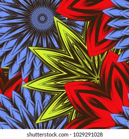 Seamless floral background. Tracery handmade nature ethnic fabric backdrop pattern with flowers. Textile design texture. Decorative color art. Vector
