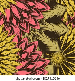 Seamless floral background. Tracery handmade nature ethnic fabric backdrop pattern with flowers. Textile design texture. Decorative color art. Vector