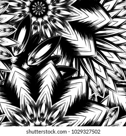 Seamless floral background. Tracery handmade nature ethnic fabric backdrop pattern with saturated dark flowers. Textile design texture. Decorative binary monochrome black and white art. Vector