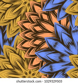 Seamless floral background. Tracery handmade nature ethnic fabric backdrop pattern with flowers. Textile design texture. Decorative color art. Vector