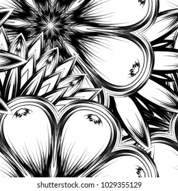 Seamless floral background. Tracery handmade nature ethnic fabric backdrop pattern with saturated dark flowers. Textile design texture. Decorative binary monochrome black and white art. Vector