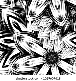 Seamless floral background. Tracery handmade nature ethnic fabric backdrop pattern with saturated dark flowers. Textile design texture. Decorative binary monochrome black and white art. Vector