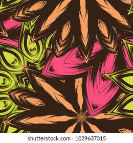 Seamless floral background. Tracery handmade nature ethnic fabric backdrop pattern with flowers. Textile design texture. Decorative color art. Vector