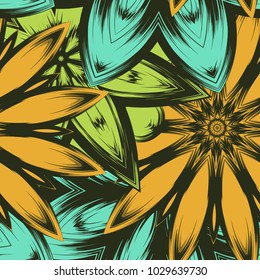 Seamless floral background. Tracery handmade nature ethnic fabric backdrop pattern with flowers. Textile design texture. Decorative color art. Vector