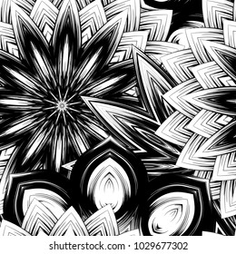 Seamless floral background. Tracery handmade nature ethnic fabric backdrop pattern with saturated dark flowers. Textile design texture. Decorative binary monochrome black and white art. Vector
