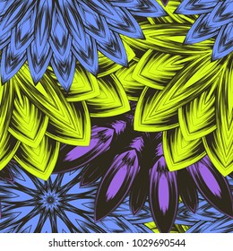 Seamless floral background. Tracery handmade nature ethnic fabric backdrop pattern with flowers. Textile design texture. Decorative color art. Vector