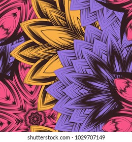 Seamless floral background. Tracery handmade nature ethnic fabric backdrop pattern with flowers. Textile design texture. Decorative color art. Vector